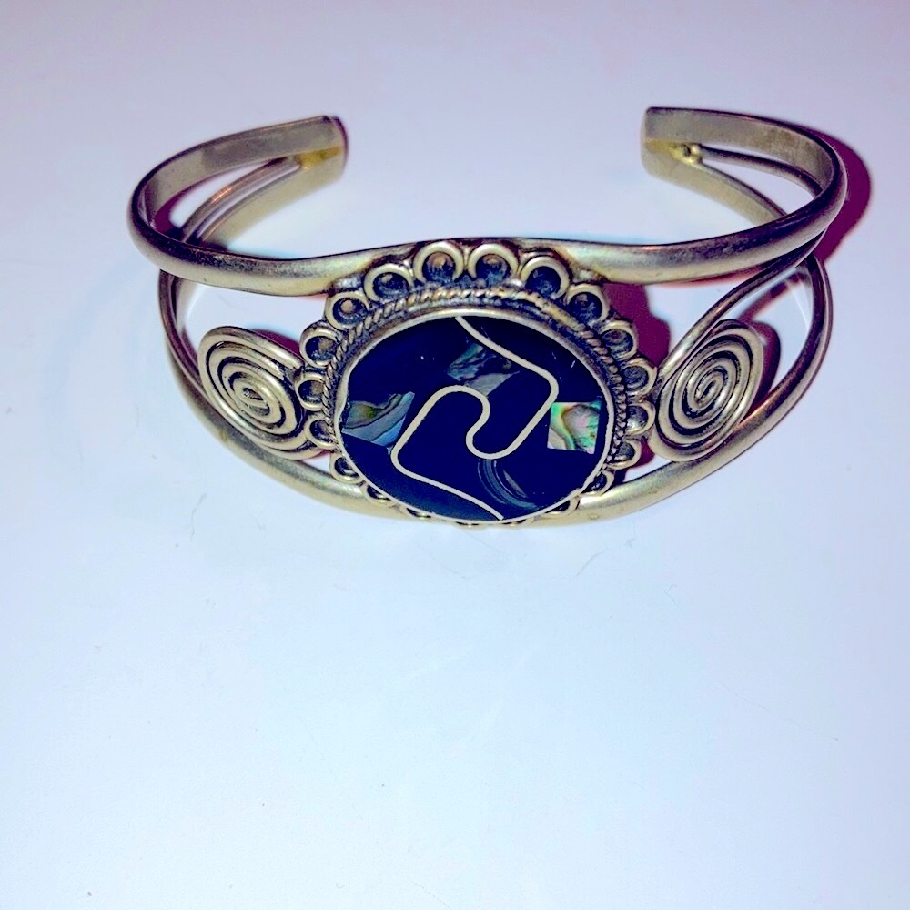 Vintage Alpaca Mexico Silver Abalone Inlay Cuff - Picture 3 of 7